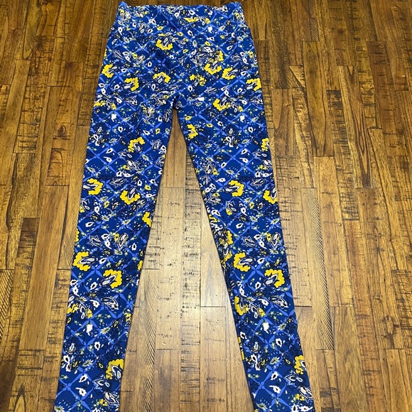 LuLaRoe Blue Yellow Floral One Size Leggings - Picture 2 of 8
